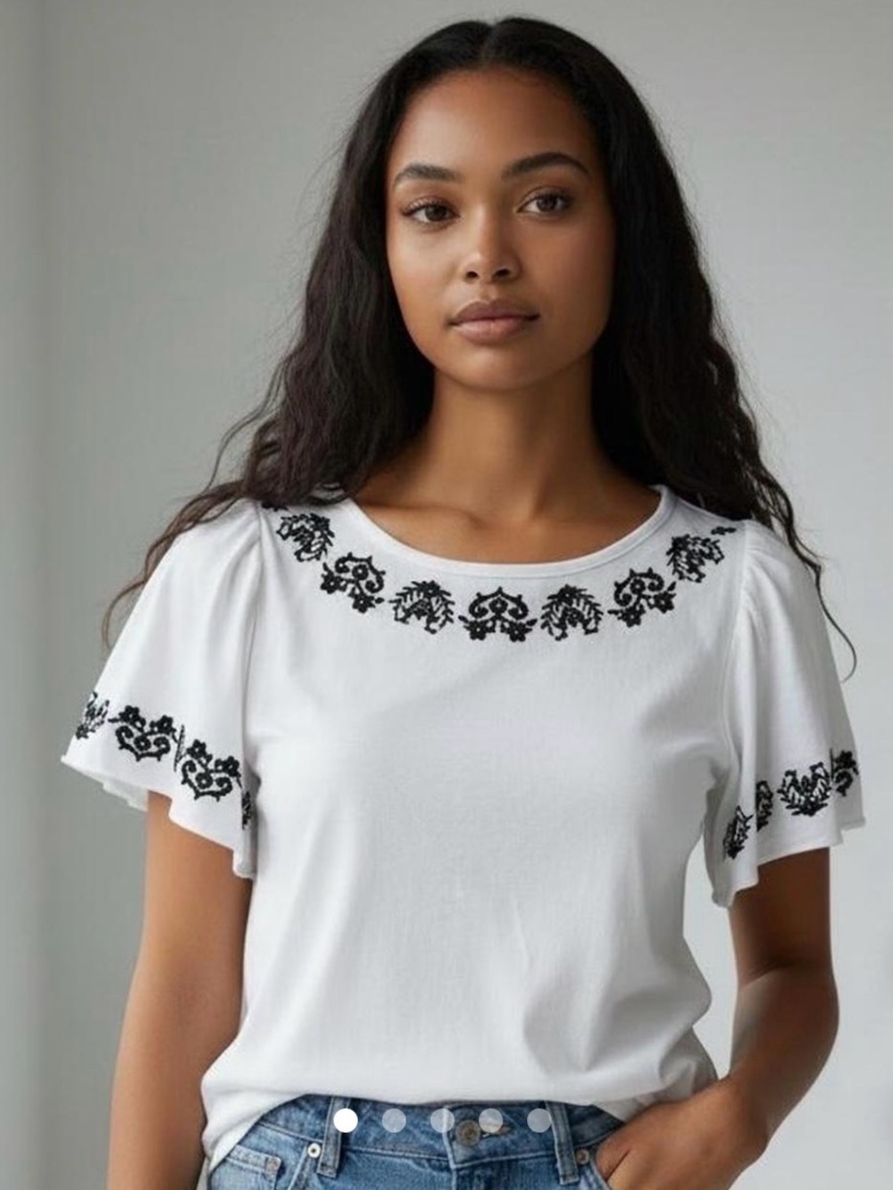 NWT LOFT White Knit Top with Navy Blue Floral Embroidery